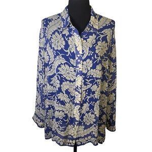Lauren Ralph Lauren Floral 100% Silk Button Down Blouse Sz 18W Plus Blue White